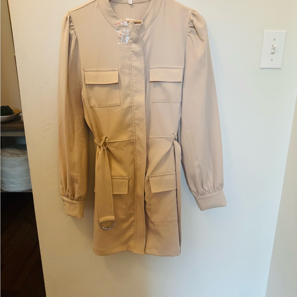 Beige Long Sleeve Belted Dress - Picture 3 of 4